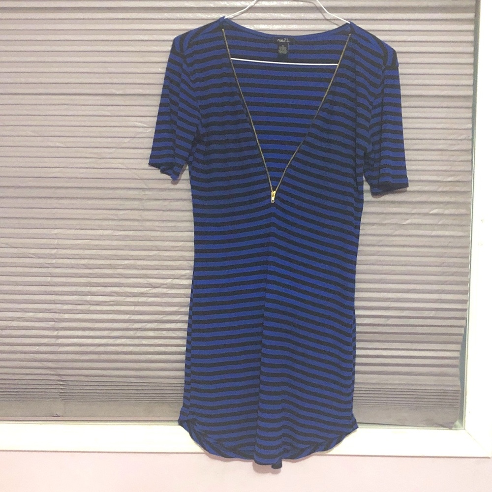 Blue & bLack stripe retro zip comfortable lounge T shirt dress pool coverup